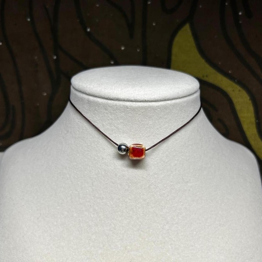 Dainty boho indie minimalist necklace choker cord red orange ceramic beads